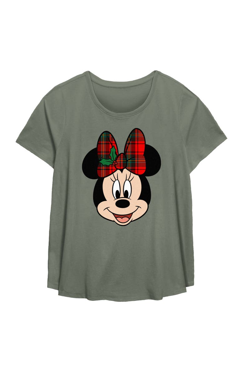 Mickey & Friends Women's Mickey & Friends Christmas Minnie Plaid Bow  Graphic T-Shirt, Main, color, Sage Green