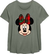 Mickey & Friends Women's Mickey & Friends Christmas Minnie Plaid Bow  Graphic T-Shirt