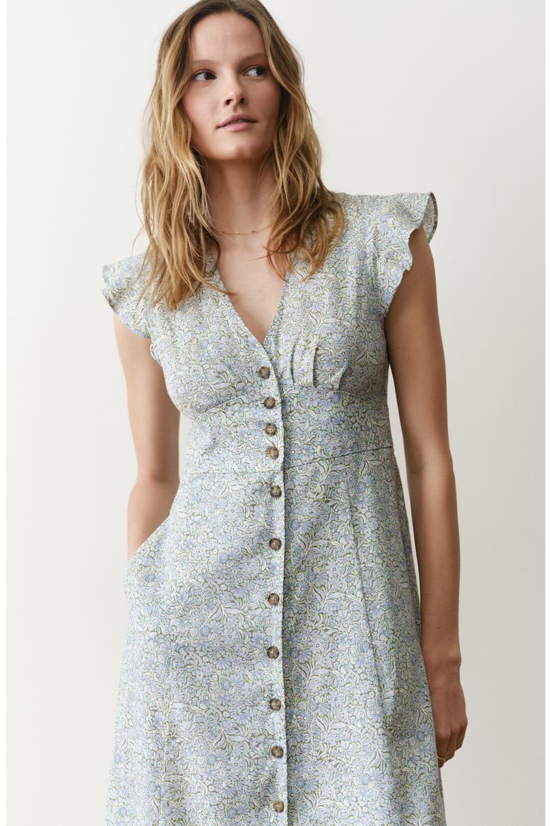 Camila Floral Button Front Hemp Blend Midi Dress, Alternate, color, SEA FLORAL