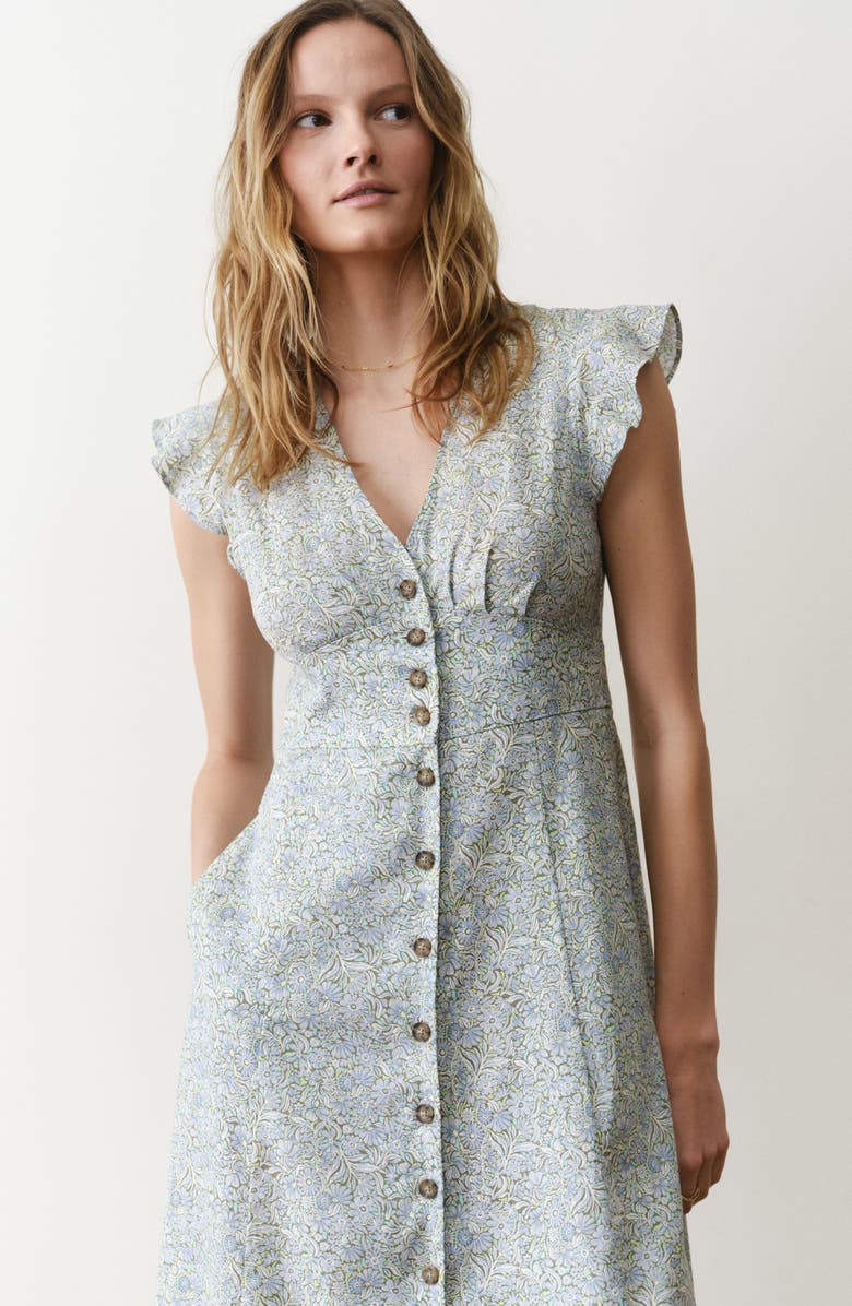Marine Layer Camila Floral Button Front Hemp Blend Midi Dress, Alternate, color, Sea Floral