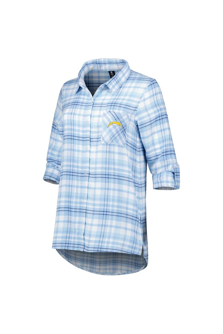 Women's Concepts Sport Powder Blue Los Angeles Chargers Mainstay Plaid Full-Button Long Sleeve Nightshirt, Alternate, color, Powder Blue