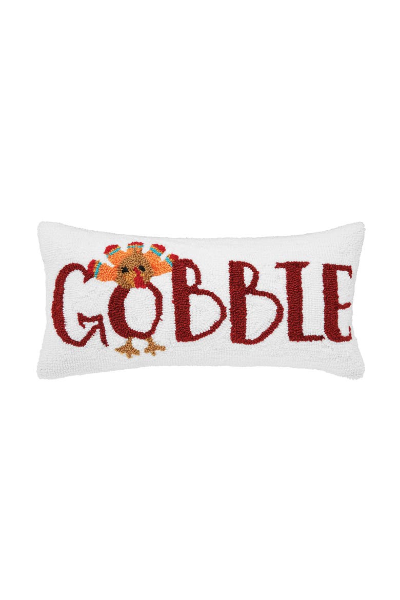Gobble Thanksgiving Turkey Hooked Small Petite Accent Pillow 10" x 20", Main, color, White