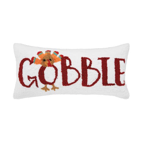 Gobble Thanksgiving Turkey Hooked Small Petite Throw Pillow, 10" x 20"