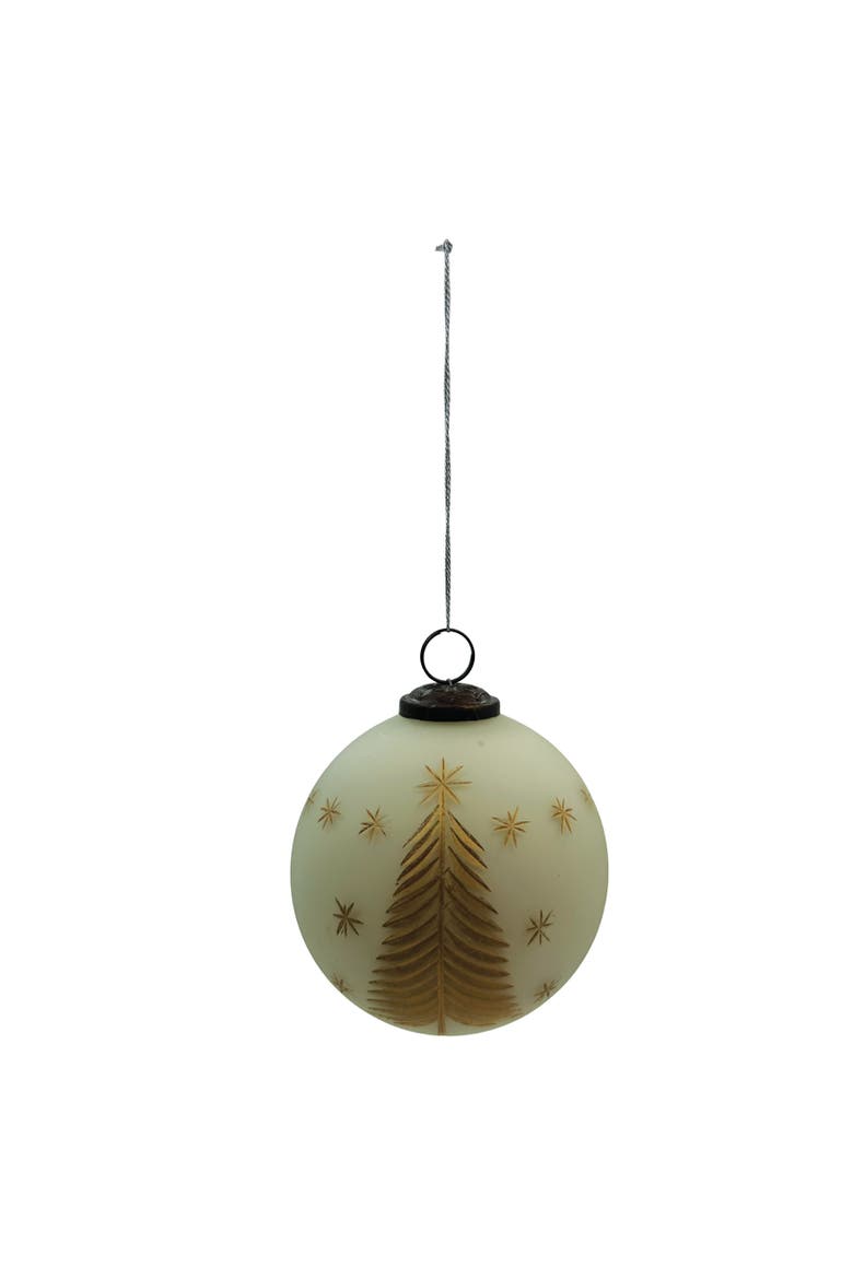 Glass Ball Ornament with Etched Trees & Stars, Ivory Color & Gold Finish, Main, color, Ivory & Gold