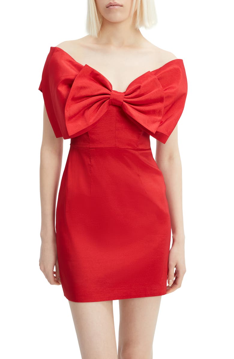 Bardot Bow Off the Shoulder Minidress, Alternate, color, Fire Red