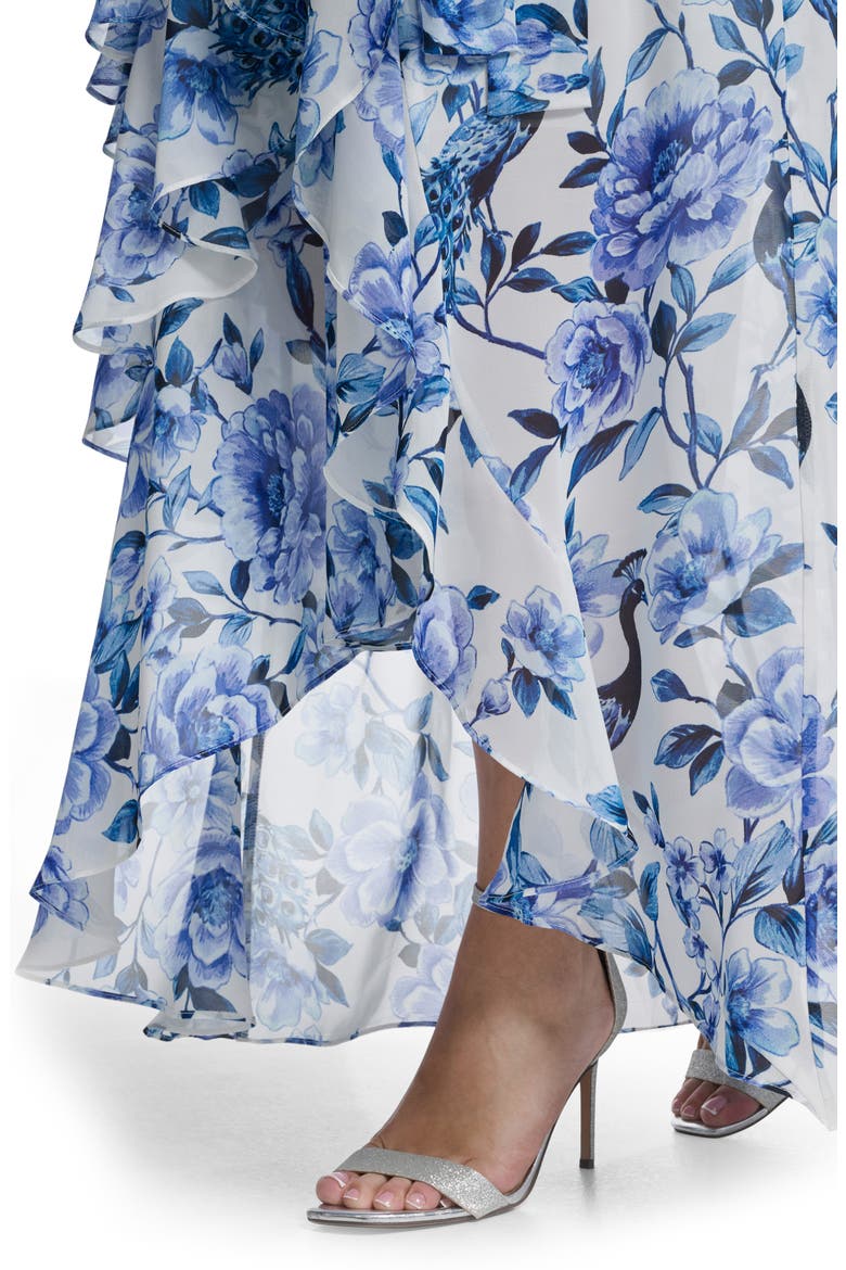 Floral Wrap Bodice Asymmetrical Ruffle Maxi Dress, Alternate, color, IVORY BLUE