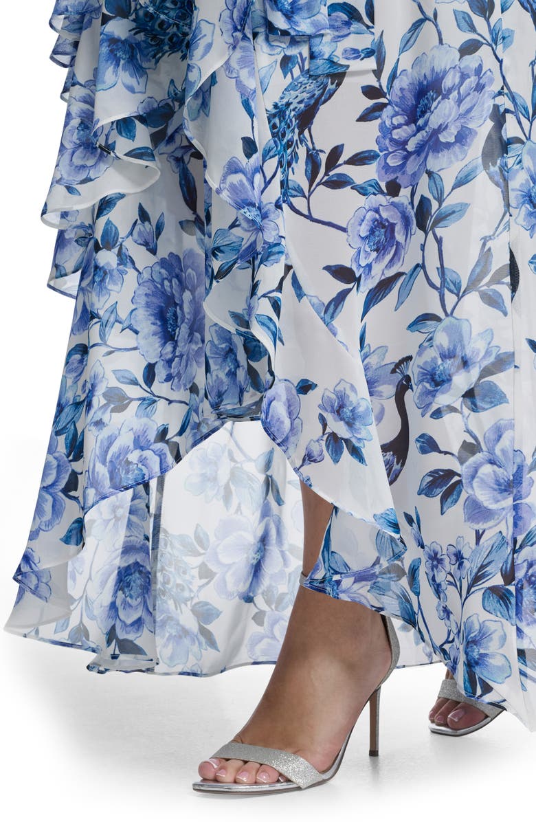 Eliza J Floral Wrap Bodice Asymmetrical Ruffle Maxi Dress, Alternate, color, Ivory Blue