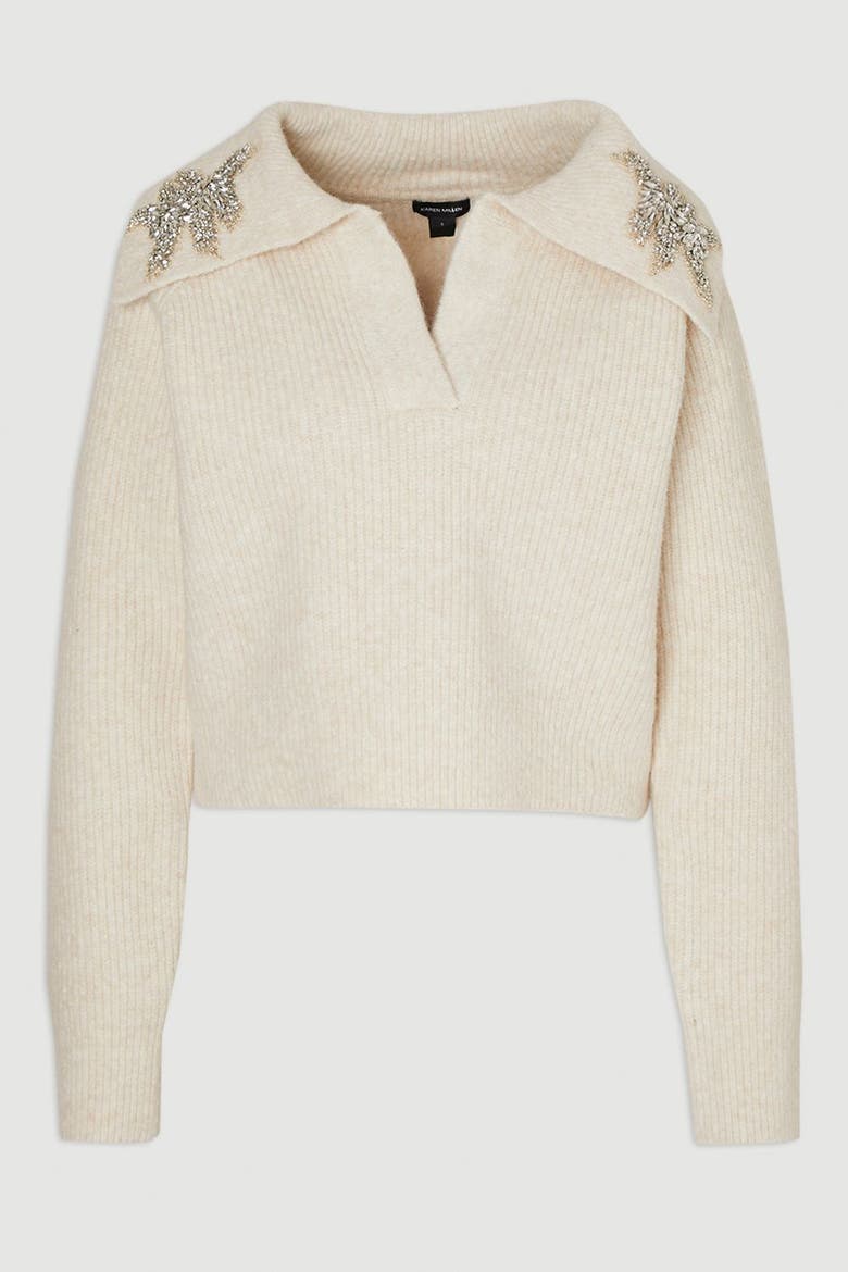 Embellished Collar V Neck Knit Sweater, Alternate, color, Cream