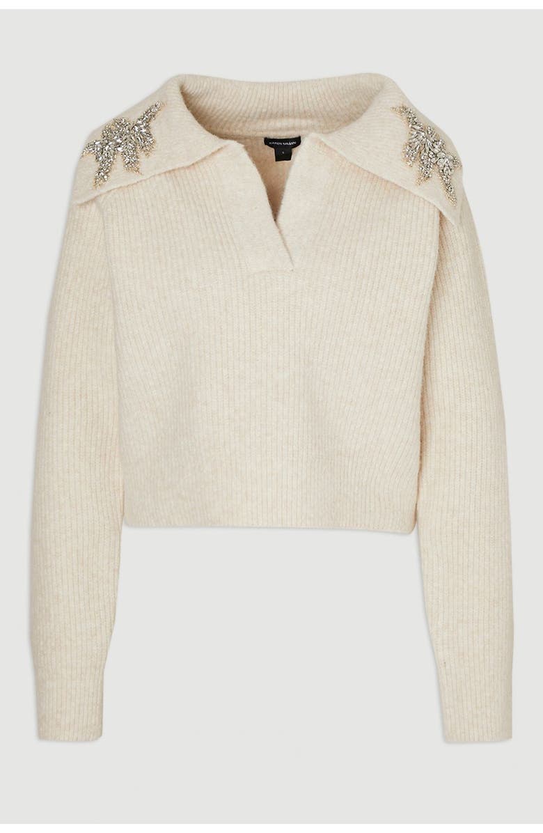 Karen Millen Embellished Collar V Neck Knit Sweater, Alternate, color, Cream