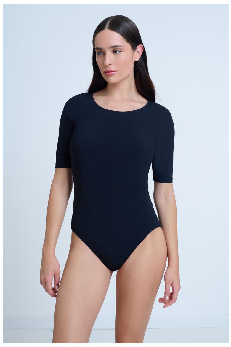 Modest High Round Neck Quarter Sleeve One Piece, Main, color, Black