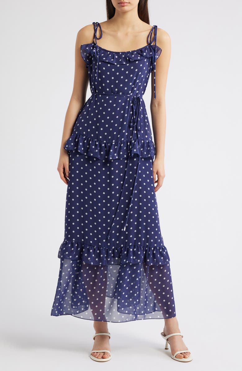 Julia Jordan Polka Dot Tiered Maxi Dress, Main, color, Navy Ivory