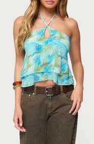 EDIKTED Dragon Lily Tiered Chiffon Halter Top