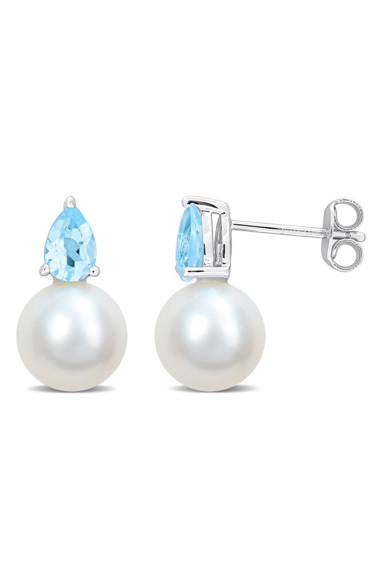 DELMAR Blue Topaz & Freshwater Pearl Stud Earrings, Main, color, Blue