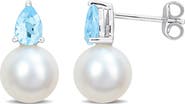 DELMAR Blue Topaz & Freshwater Pearl Stud Earrings