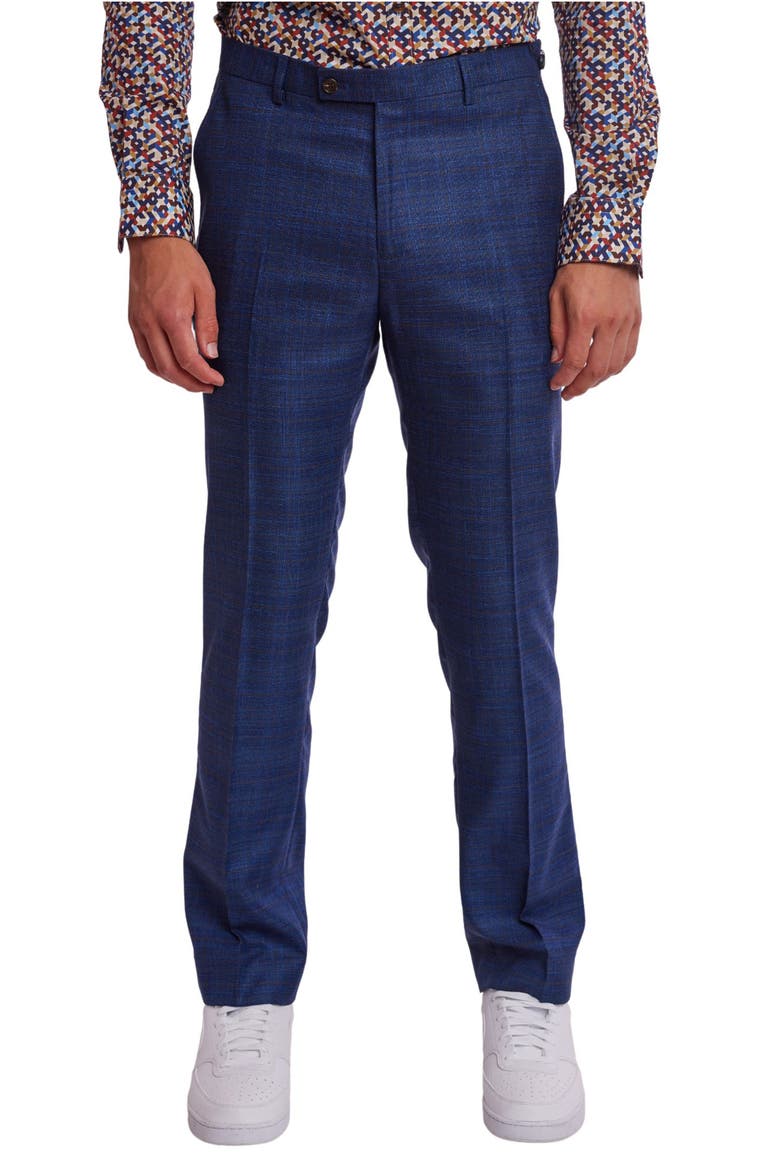 Downing Slim Flat Front Windowpane Dress Pants, Main, color, BLUE COGNAC CHECK