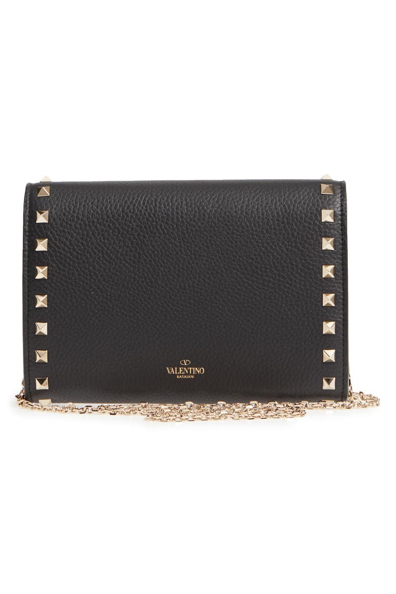 Rockstud V-Flap Calfskin Leather Wallet on a Chain, Alternate, color, BLACK