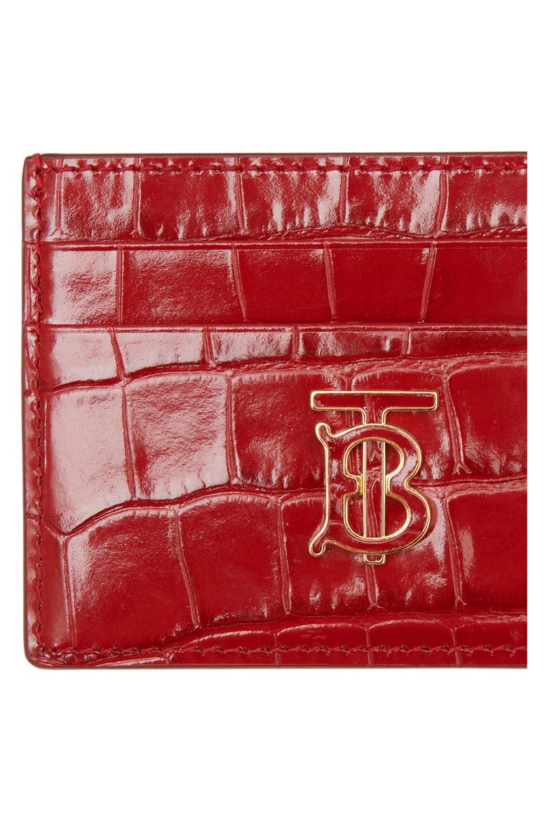 TB Monogram Croc Embossed Leather Card Case, Alternate, color, DARK CARMINE
