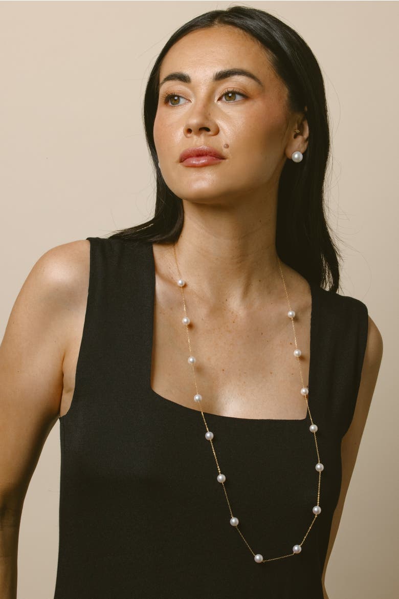 14K Gold 8.0-8.5mm Opera Japanese Akoya Pearl Tincup Necklace, Alternate, color, White Gold