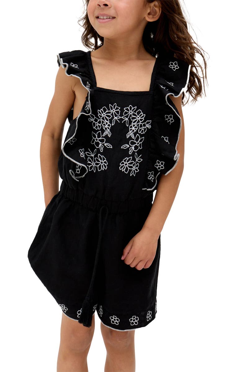 Raffya Kids Philo Ruffle Neck Embroidered Romper, Alternate, color, Black