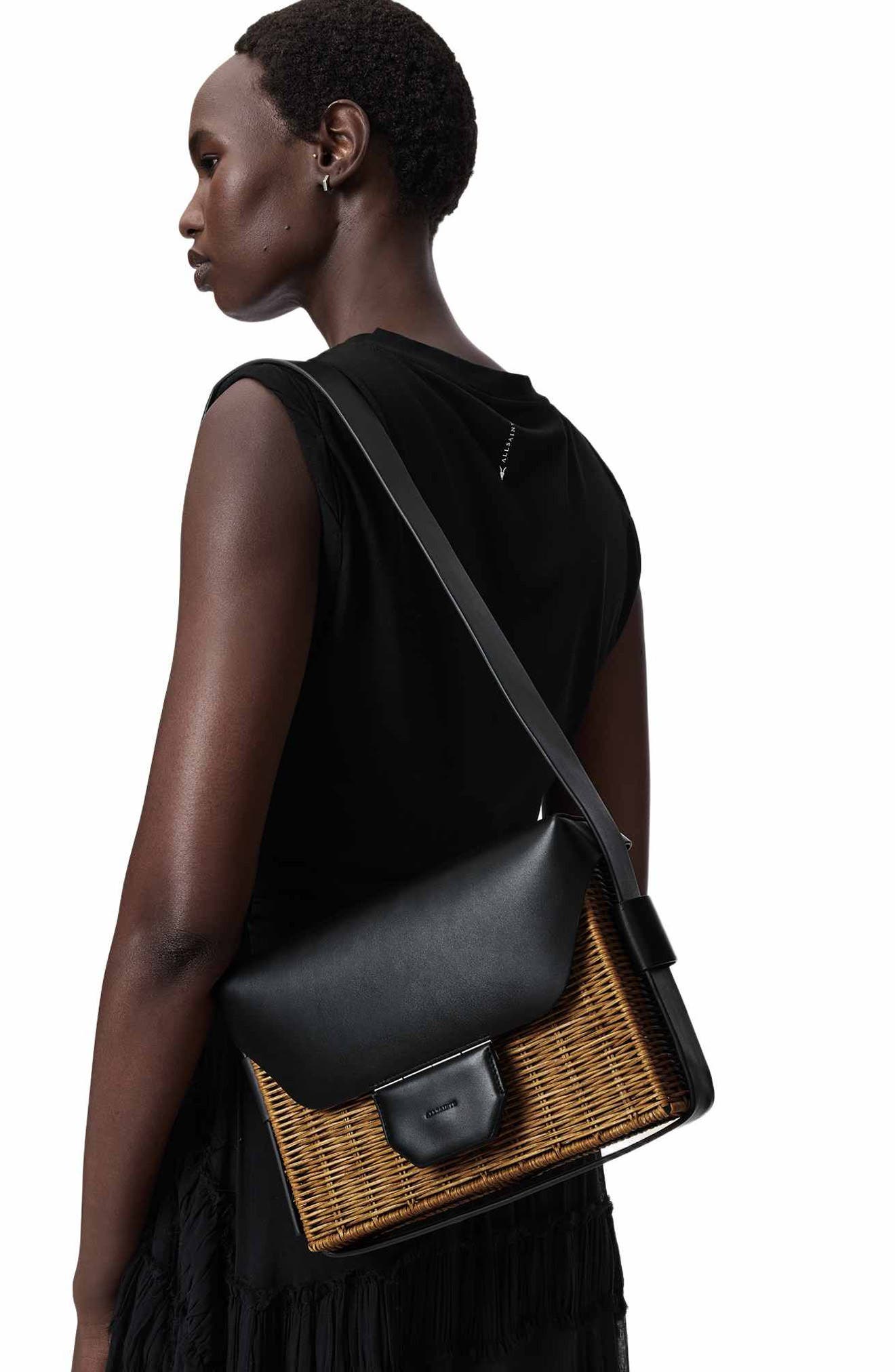 AllSaints Monique WIcker Shoulder Bag, Alternate, color, Biscuit/ Black