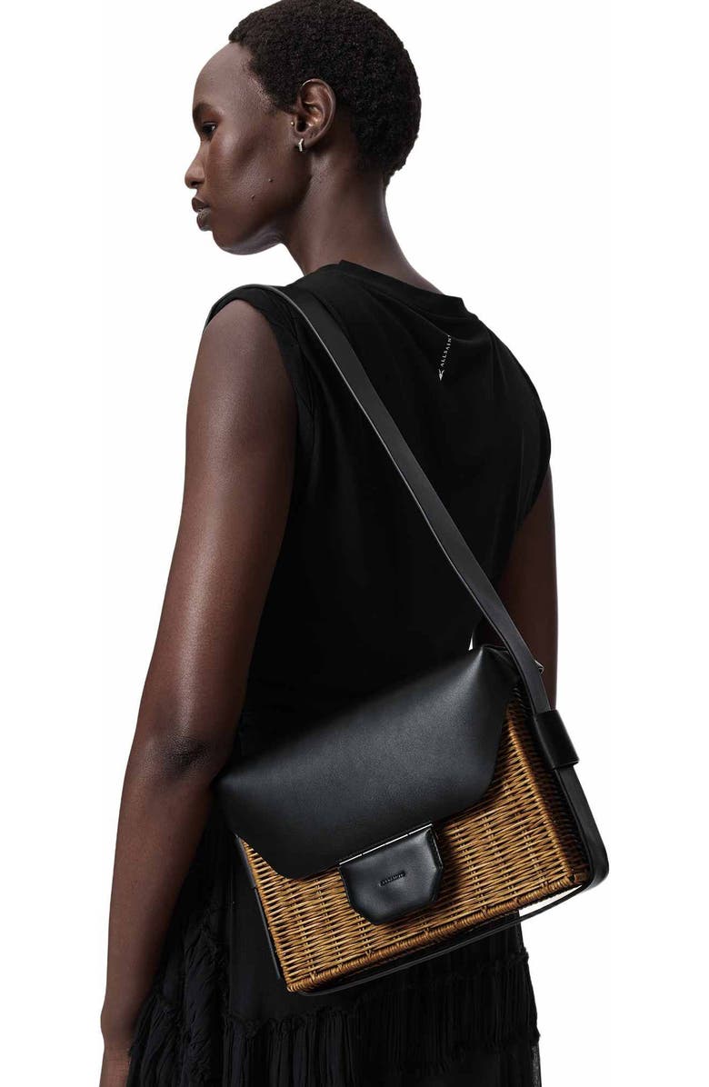 AllSaints Monique WIcker Shoulder Bag, Alternate, color, Biscuit/ Black