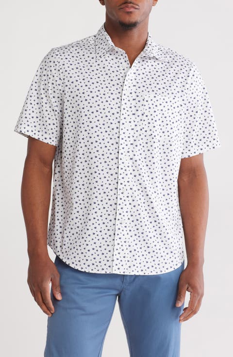 Fish Print Short Sleeve Stretch Poplin Button-Up Shirt