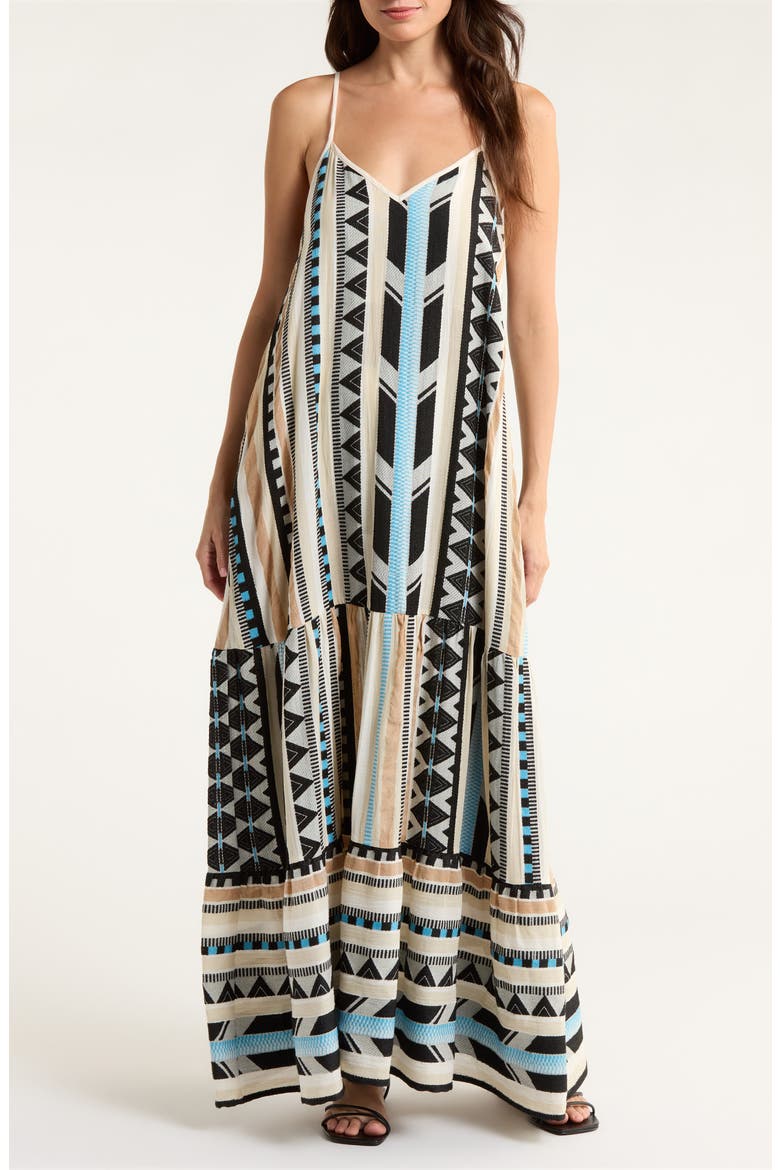 Embroidered Tiered Cotton Blend Cover-Up Maxi Dress, Main, color, NEUTRAL AZTEC