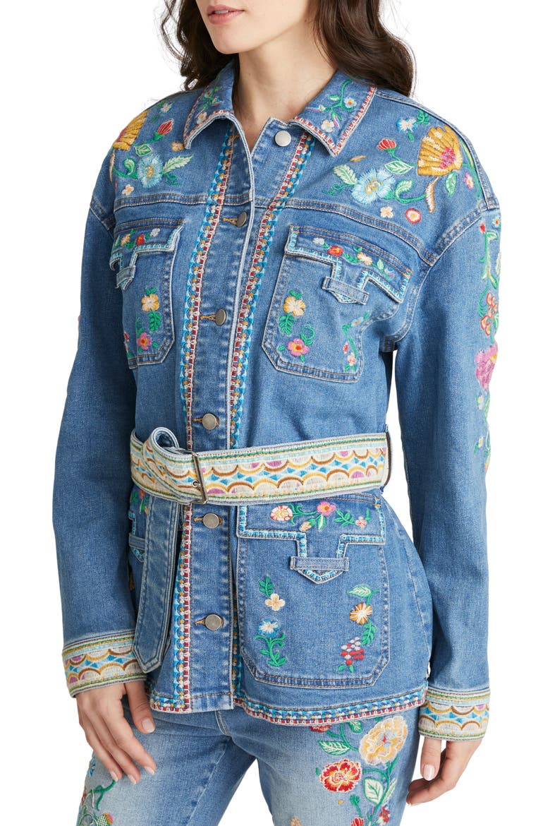 Gardenia Foulard Embroidered Belted Denim Jacket, Alternate, color, MEDIUM WASH