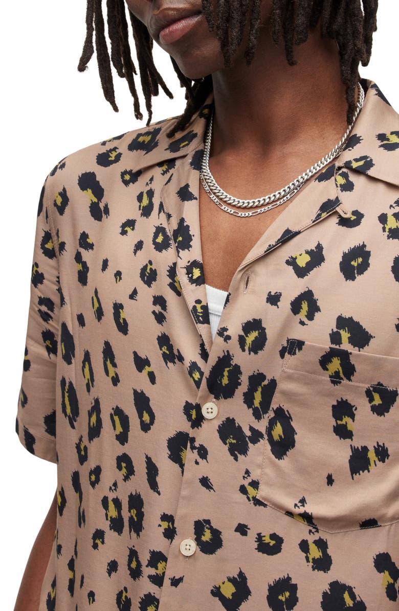 AllSaints Manado Leopard Print Short Sleeve Button-Up Shirt, Alternate, color, Beige
