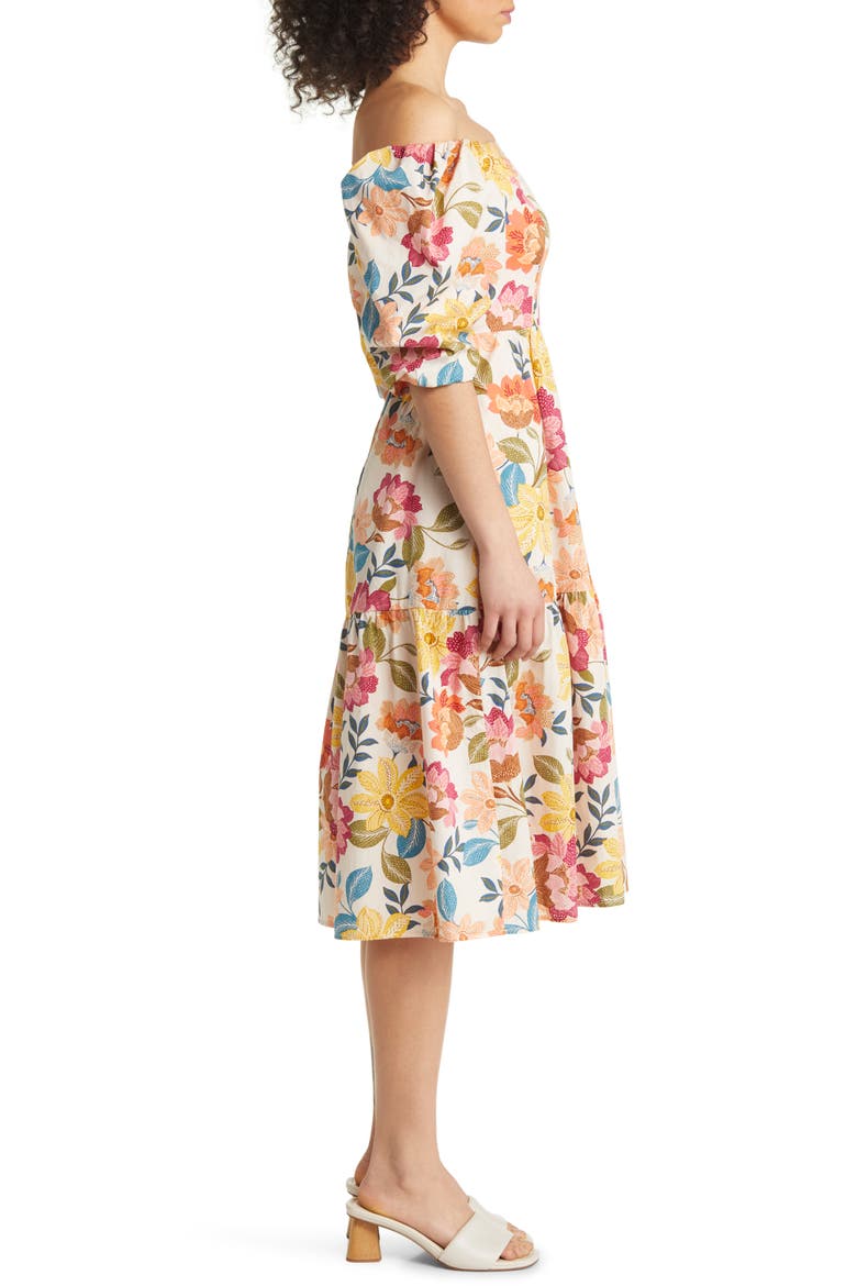 Floral Off the Shoulder Stretch Cotton Midi Dress, Alternate, color, IVORY MULTI