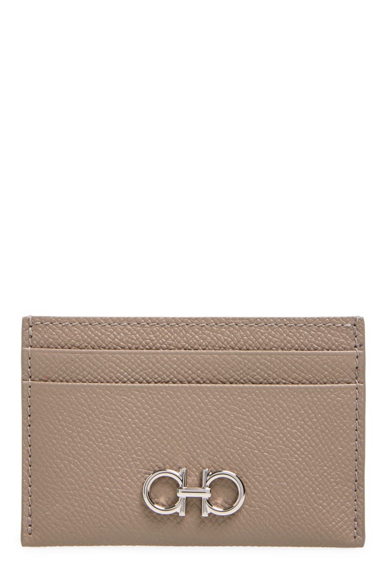 Double Gancio Leather Card Holder, Main, color, WARM TAUPE NEW OLIVE
