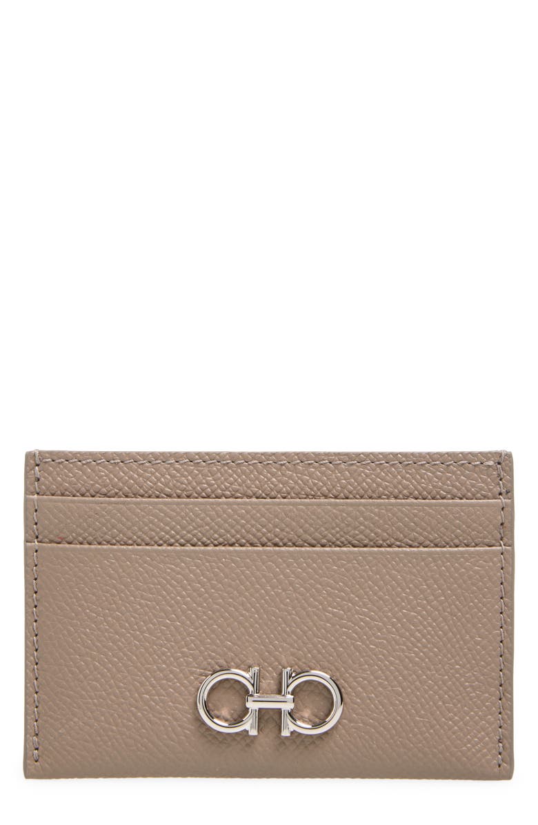 FERRAGAMO Double Gancio Leather Card Holder, Main, color, Warm Taupe New Olive