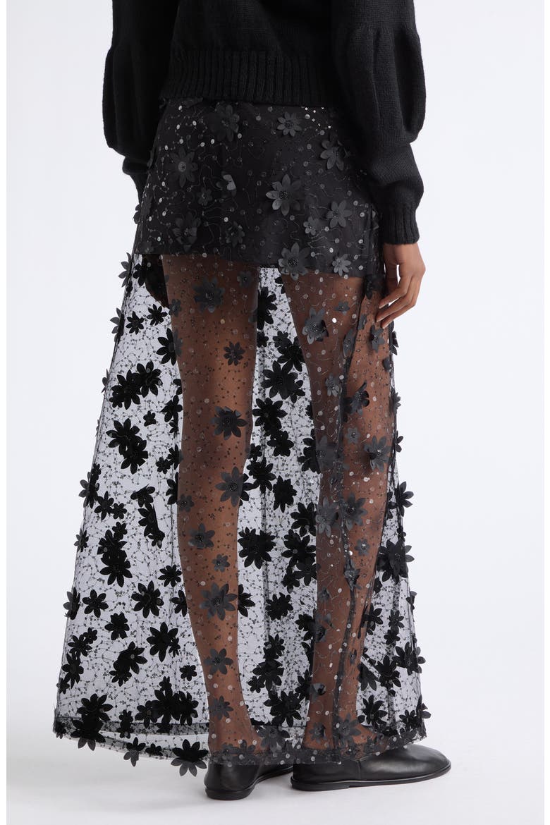 Floral Appliqué Mesh Wrap Maxi Skirt, Alternate, color, BLACK