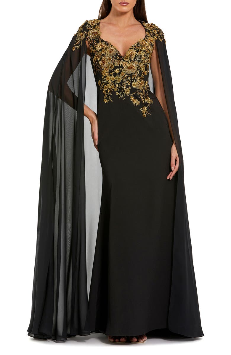 Mac Duggal Embellished Crepe Gown With Chiffon Cape Sleeves, Main, color, Black Gold