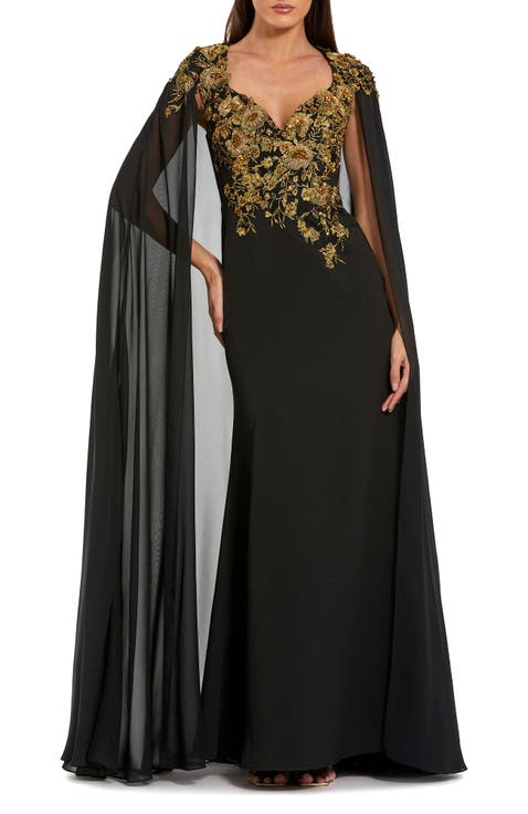 Embellished Crepe Gown With Chiffon Cape Sleeves