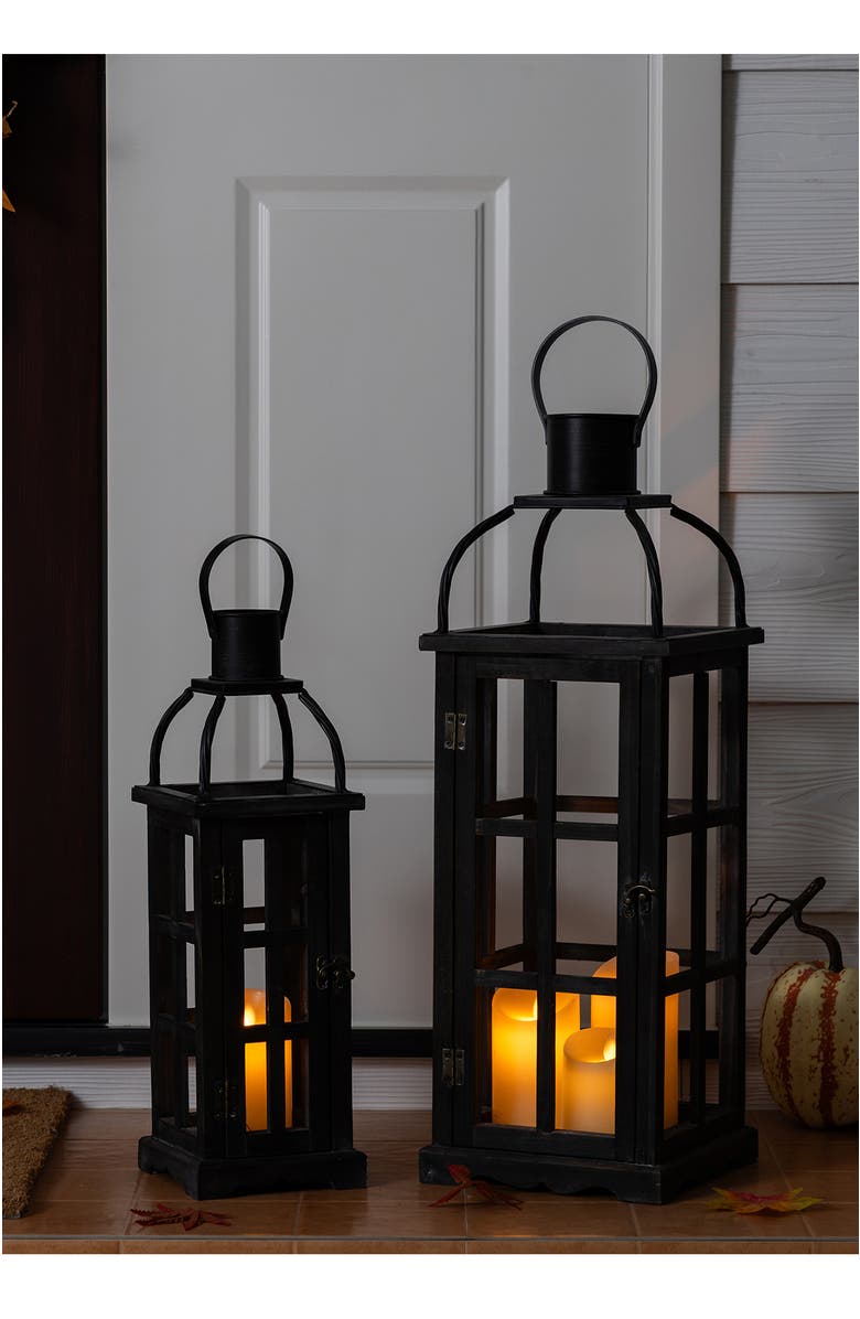 Glitzhome Set of 2 Farmhouse Vintage Wood & Metal Lanterns Candle Holders with Hanger, Alternate, color, Black
