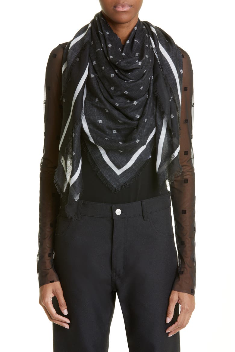 4G Logo Silk & Cashmere Fringe Scarf, Alternate, color, BLACK/ WHITE
