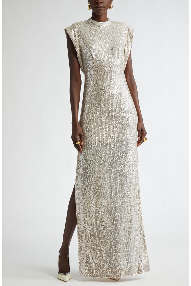 Sequin Embroidered Drape Back Gown, Main, color, CHAMPAGNE