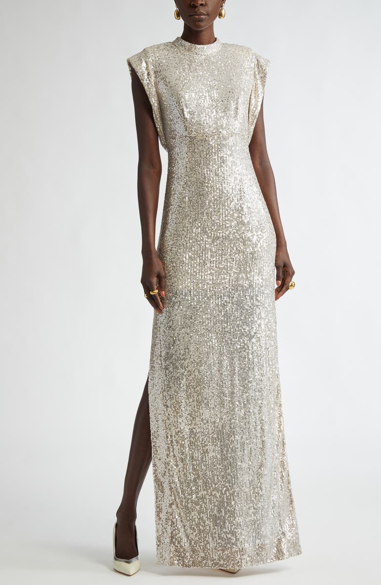 ST. JOHN Sequin Embroidered Drape Back Gown, Main, color, Champagne