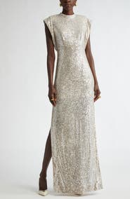 ST. JOHN Sequin Embroidered Drape Back Gown