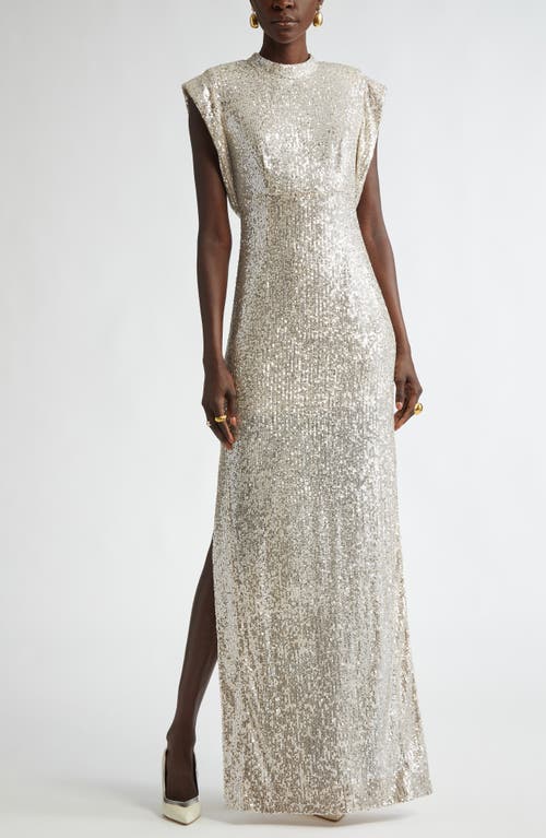 St. John Collection Sequin Embroidered Drape Back Gown in Champagne 