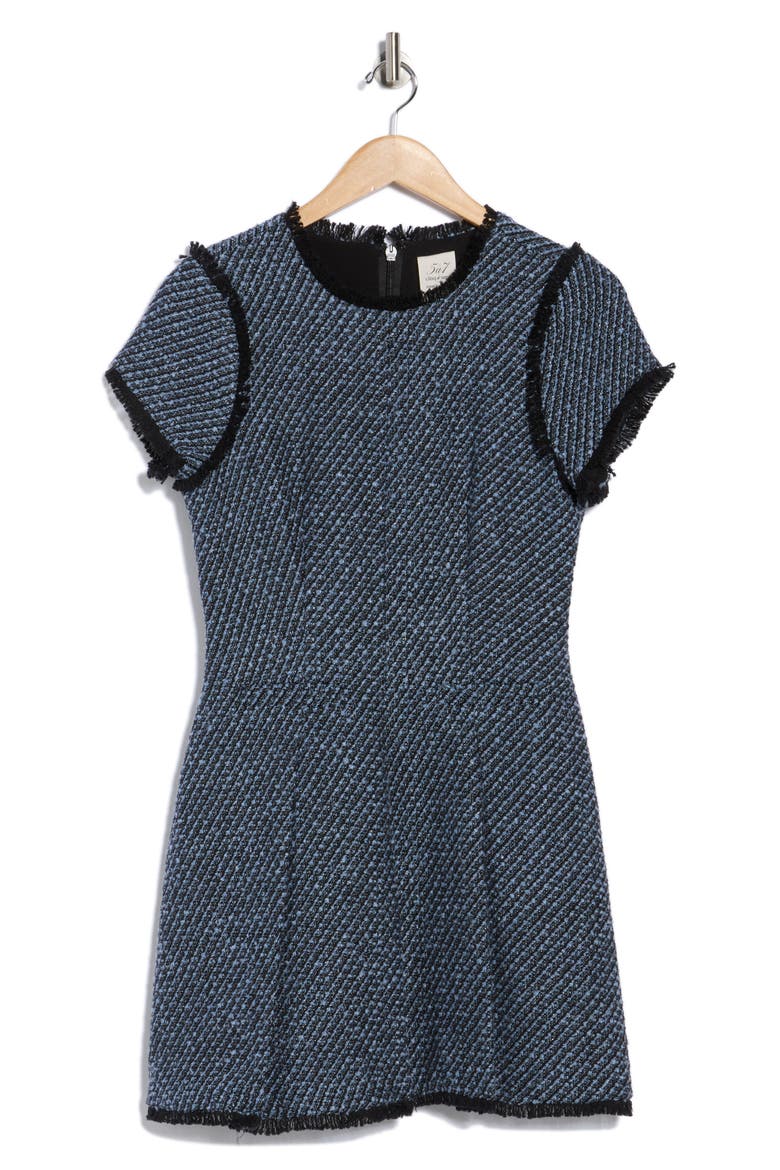 Nova Short Sleeve Metallic Tweed Dress, Alternate, color, MARITIME/ BLACK