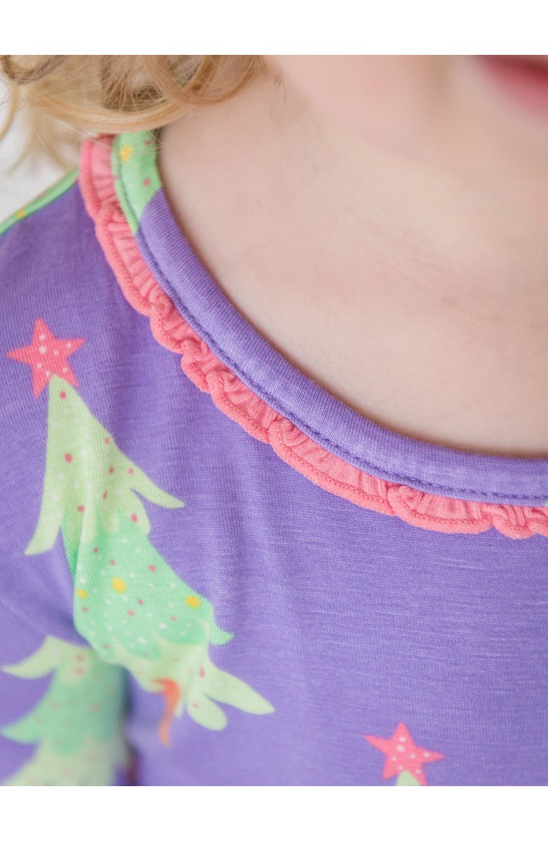RuffleButts SoftSnooze Ruffle Long Sleeve Pajama Set, Signature Rear Ruffles, Alternate, color, Purple Twinkling Trees