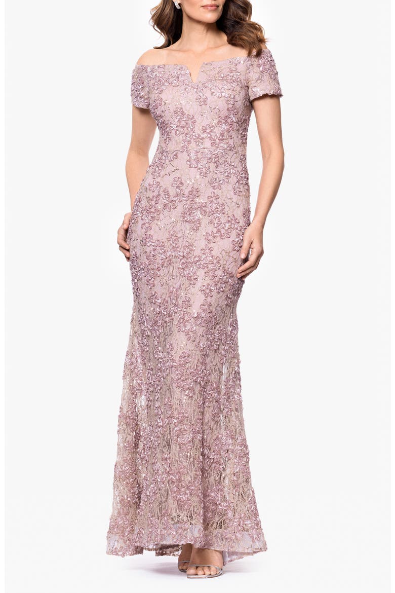 Soutache Lace Off the Shoulder Gown, Main, color, GOLD/ PINK