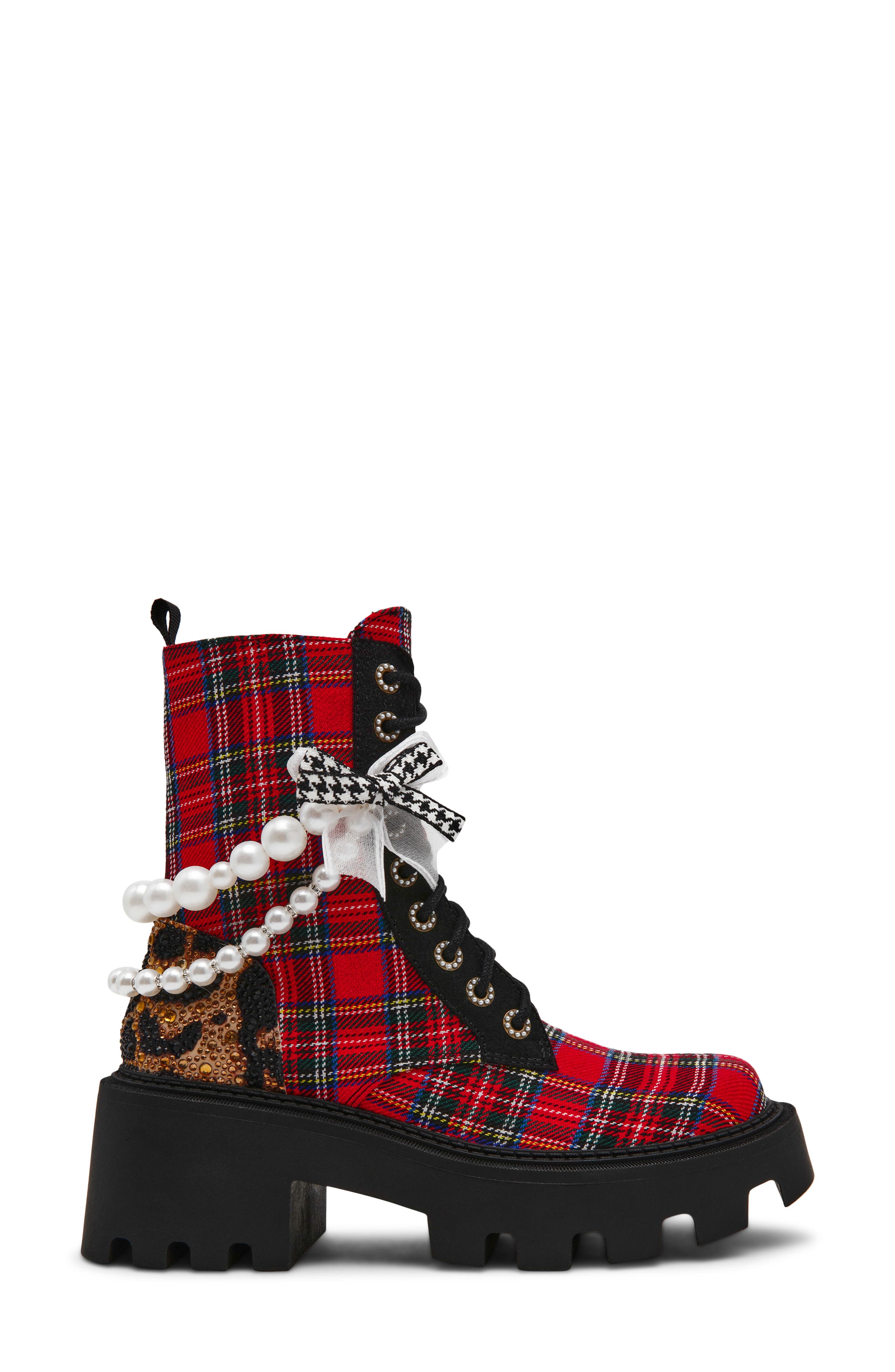 Betsey Johnson Hariett Combat Boot, Alternate, color, Red Plaid