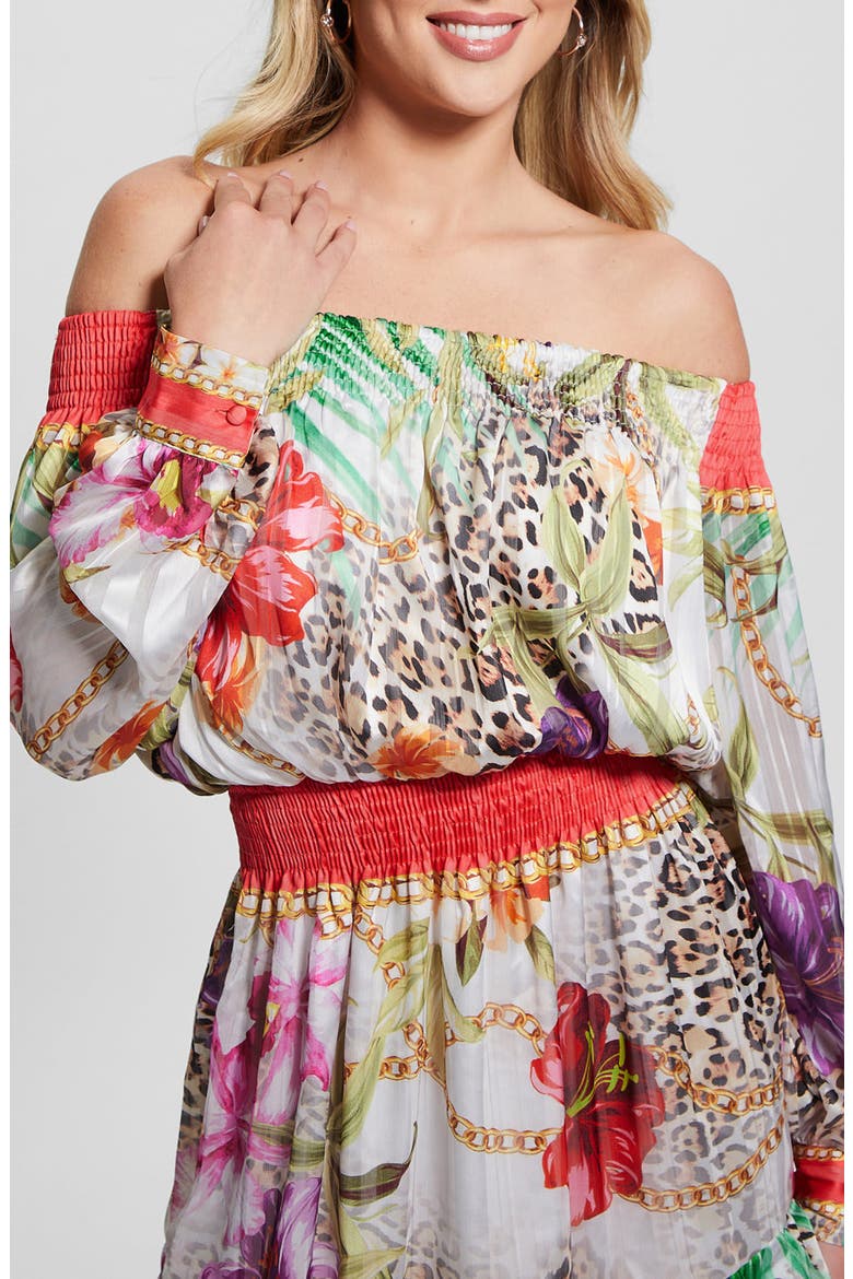 Long Sleeve Off the Shoulder Dress, Alternate, color, CORAL JUNGLE
