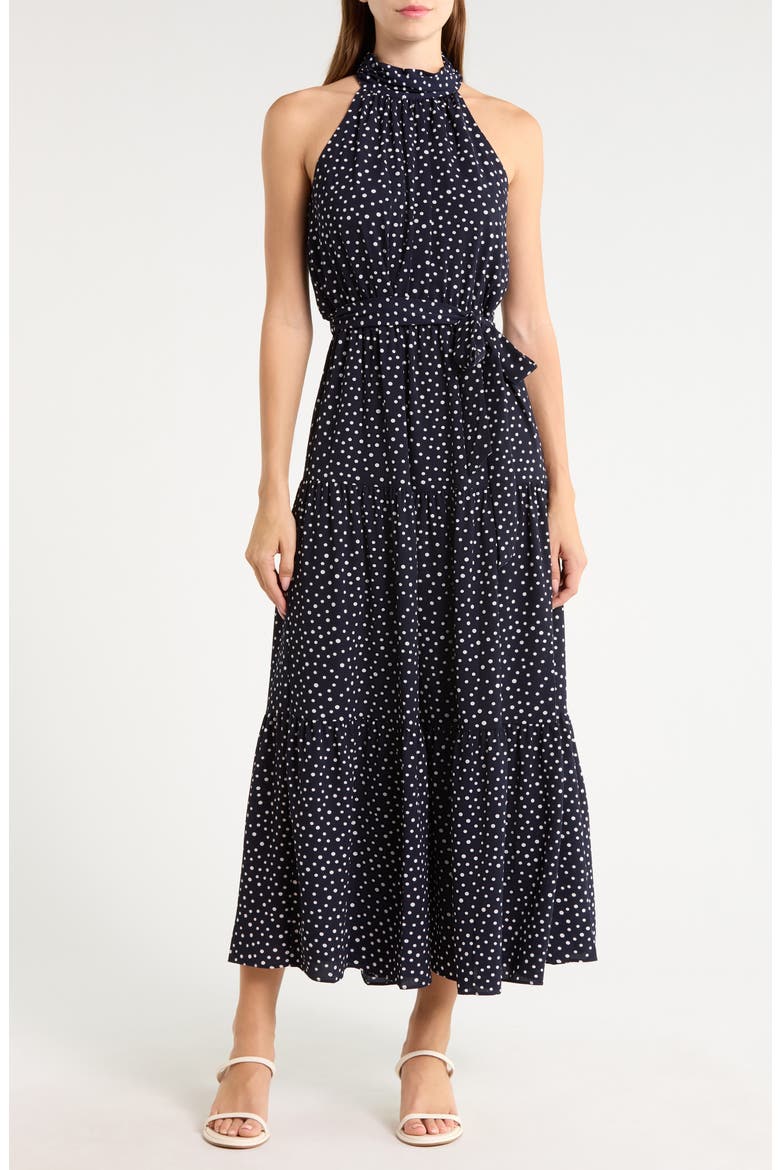 Polka Dot Sleeveless Tiered Maxi Dress, Main, color, NAVY/ IVORY