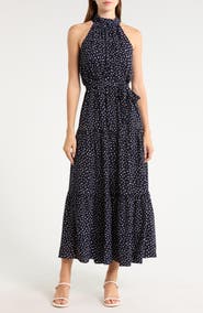 VIVID AURA Polka Dot Sleeveless Tiered Maxi Dress