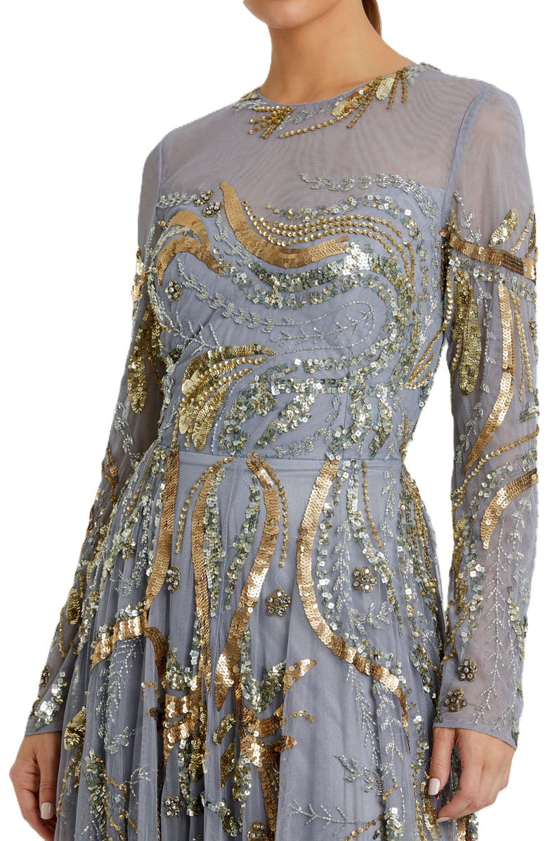 Mac Duggal Long Sleeve Embellished Illusion Evening Gown, Alternate, color, Platinum Gold