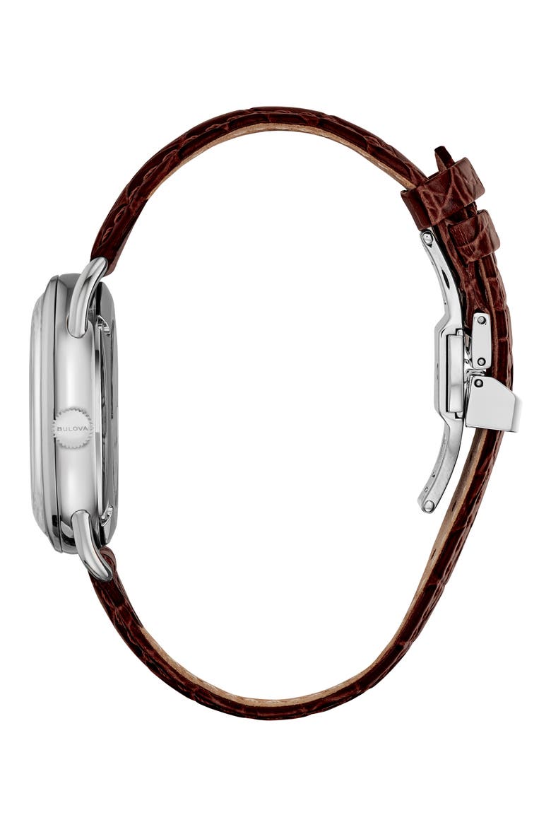 Joseph Bulova Commodore Leather Strap Watch, Alternate, color, SILVER-TONE